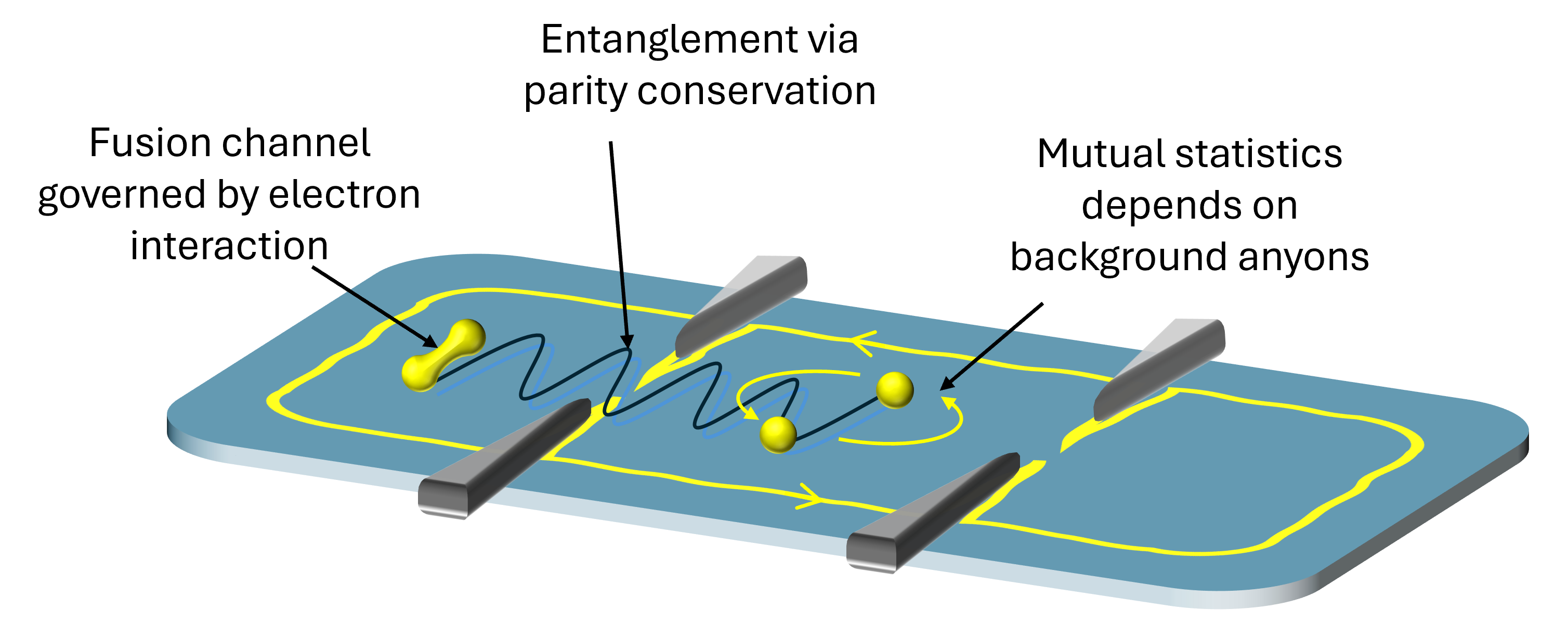An illustration of an two-point quantum point contact inteferometry experiment, showing that the background anyons can influence the measurement via a long-range entanglement